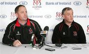 7 February 2012; Operations Director of Ulster Rugby David Humphreys, left, and head coach Brian McLaughlin during a press conference ahead of their Celtic League game against Dragons on Friday. Ulster Rugby Press Conference, Newforge Country Club, Belfast, Co. Antrim. Picture credit: John Dickson / SPORTSFILE