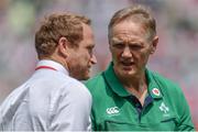 17 June 2017; Ireland head coach Joe Schmidt, right, in conversation with Japan assistant coach Tony Brown prior to the international rugby match between Japan and Ireland at the Shizuoka Epoca Stadium in Fukuroi, Shizuoka Prefecture, Japan. Photo by Brendan Moran/Sportsfile