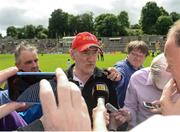 18 June 2017; Tyrone manager Mickey Harte being interviewed by journalists after the Ulster GAA Football Senior Championship Semi-Final match between Tyrone and Donegal at St Tiernach's Park in Clones, Co. Monaghan. Photo by Oliver McVeigh/Sportsfile