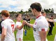 18 June 2017; Mark Bradley and Matthew Donnelly of Tyrone celebrate after the game the Ulster GAA Football Senior Championship Semi-Final match between Tyrone and Donegal at St Tiernach's Park in Clones, Co. Monaghan. Photo by Oliver McVeigh/Sportsfile