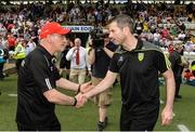 18 June 2017; Tyrone manager Mickey Harte and Donegal Manager Rory Gallagher exchange handshakes after the Ulster GAA Football Senior Championship Semi-Final match between Tyrone and Donegal at St Tiernach's Park in Clones, Co. Monaghan. Photo by Oliver McVeigh/Sportsfile