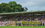 18 June 2017; The  Donegal team during the National Anthem ahead of the Ulster GAA Football Senior Championship Semi-Final match between Tyrone and Donegal at St Tiernach's Park in Clones, Co. Monaghan. Photo by Ramsey Cardy/Sportsfile