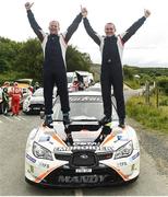 18 June 2017: Manus Kelly and Donall Barrett from Glenswilly Co.Donegal in a Impreza celebrates after winning the Joule Donegal International Rally 2017 at the finish of SS20 Glen.  Photo by Philip Fitzpatrick/Sportsfile