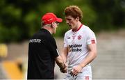 18 June 2017; Tyrone manager Mickey Harte congratulates Peter Harte of Tyrone after the Ulster GAA Football Senior Championship Semi-Final match between Tyrone and Donegal at St Tiernach's Park in Clones, Co. Monaghan. Photo by Oliver McVeigh/Sportsfile