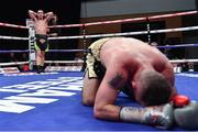 17 June 2017; Craig Evans celebrates after knocking down Stephen Ormond in the tenth round during their WBO European lightweight title bout at the Battle of Belfast Fight Night at the Waterfront Hall in Belfast. Photo by Ramsey Cardy/Sportsfile