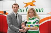 8 February 2012; Emma Mullin, Castlebar Celtic, is presented with the Bus Éireann Women’s National League Player of the Month for January by Andrew McLindon, PR Manager Bus Éireann. Busáras, Store Street, Dublin. Picture credit: Barry Cregg / SPORTSFILE
