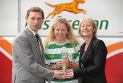 8 February 2012; Emma Mullin, Castlebar Celtic, is presented with the Bus Éireann Women’s National League Player of the Month for January by Andrew McLindon, PR Manager Bus Éireann, and Republic of Ireland women’s manager Sue Ronan. Busáras, Store Street, Dublin. Picture credit: Barry Cregg / SPORTSFILE