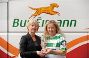 8 February 2012; Emma Mullin, Castlebar Celtic, who was presented with the Bus Éireann Women’s National League Player of the Month for January with Republic of Ireland women’s manager Sue Ronan. Busáras, Store Street, Dublin. Picture credit: Barry Cregg / SPORTSFILE
