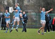 8 February 2012; Rory Kavanagh, top, St. Michael’s College, celebrates with Cameron Diamond, 15, and Donagh Lawlor, right, at the end of the game. Powerade Leinster Schools Senior Cup, 1st Round Replay, St. Michael’s College v Cistercian Roscrea, NUI Maynooth, Maynooth, Co. Kildare. Picture credit: David Maher / SPORTSFILE