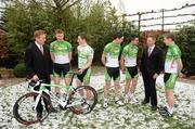 9 February 2012; Sean Kelly, Team Director, left, Kurt Bogaerts, Team Manager, with Irish cyclists, from left, Connor McConvey, Sam Bennett, Ronan McLaughlin, Mark Cassidy and Sean Downey at the An Post Sean Kelly Team Launch 2012. Shamrock Hotel, Tielt, Belgium. Picture credit: Stephen McCarthy / SPORTSFILE
