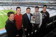 9 February 2012; Dessie Farrell, CEO of the GPA, with players, from left; David Kelly, Sligo, Cillian O'Connor, Mayo, Cathal Cregg, Roscommon, and Rory O'Carroll, Dublin, who attended today’s GPA Induction meetings for Dublin based student players in Croke Park, Dublin. Picture credit: Pat Murphy / SPORTSFILE
