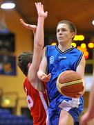 9 February 2012; Danny O'Keeffe, Douglas Community School, Cork, in action against Padraig Doran, St. Josephs “Bish”, Galway. Douglas Community School, Cork - All-Ireland Schools Cup U16A Boys Final, St. Josephs “Bish”, Galway v Douglas Community School, Cork, National Basketball Arena, Tallaght, Dublin. Picture credit: Brian Lawless / SPORTSFILE