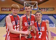 9 February 2012; St. Josephs “Bish”, Galway, joint captains, Padraig Doran, centre, Peter Cooke, left, and Mark Rohan, with the cup. All-Ireland Schools Cup U16A Boys Final, St. Josephs “Bish”, Galway v Douglas Community School, Cork, National Basketball Arena, Tallaght, Dublin. Picture credit: Brian Lawless / SPORTSFILE