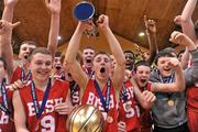 9 February 2012; The St. Josephs “Bish”, Galway, players celebrate with the cup. All-Ireland Schools Cup U16A Boys Final, St. Josephs “Bish”, Galway v Douglas Community School, Cork, National Basketball Arena, Tallaght, Dublin. Picture credit: Brian Lawless / SPORTSFILE