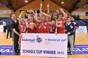9 February 2012; The St. Josephs “Bish”, Galway, team celebrate with the cup. All-Ireland Schools Cup U16A Boys Final, St. Josephs “Bish”, Galway v Douglas Community School, Cork, National Basketball Arena, Tallaght, Dublin. Picture credit: Brian Lawless / SPORTSFILE