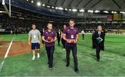 19 June 2017; Ireland head coach Joe Schmidt and captain Rhys Ruddock on the pitch during half-time in the Pearl Bowl, at the American Football East Japan Shakaijin Championship Final game between the IBM BigBlue and the OBIC Seagulls, in the Tokyo Dome in Tokyo, Japan. Photo by Brendan Moran/Sportsfile