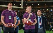 19 June 2017; Ireland head coach Joe Schmidt speaks to the crowd during half-time in the Pearl Bowl, at the American Football East Japan Shakaijin Championship Final game between the IBM BigBlue and the OBIC Seagulls, in the Tokyo Dome in Tokyo, Japan. Photo by Brendan Moran/Sportsfile