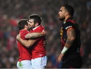 20 June 2017; Jared Payne is congratulated by his British and Irish Lions team-mate Greig Laidlaw, left, after scoring his side's fourth try during the match between the Chiefs and the British & Irish Lions at FMG Stadium in Hamilton, New Zealand. Photo by Stephen McCarthy/Sportsfile