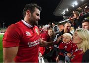 20 June 2017; Jared Payne of the British & Irish Lions with his fiance Christina Beattie and 11-month-old son Jake following the match between the Chiefs and the British & Irish Lions at FMG Stadium in Hamilton, New Zealand. Photo by Stephen McCarthy/Sportsfile