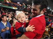 20 June 2017; Jared Payne of the British & Irish Lions with his 11-month-old son Jake following the match between the Chiefs and the British & Irish Lions at FMG Stadium in Hamilton, New Zealand. Photo by Stephen McCarthy/Sportsfile