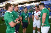 10 June 2017; Ireland players, from left, Kieran Marmion, Finlay Bealham, John Cooney and Tiernan O'Halloran in conversation with AJ MacGinty of USA following the international match between Ireland and USA at the Red Bull Arena in Harrison, New Jersey, USA. Photo by Ramsey Cardy/Sportsfile
