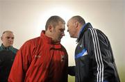 11 February 2012; Mayo manager James Horan, left, with Dublin manager Pat Gilroy after the game was abandoned, due to heavy fog, by referee Marty Duffy before the start of the second half. Allianz Football League, Division 1, Round 2, Mayo v Dublin, McHale Park, Castlebar, Co. Mayo. Picture credit: David Maher / SPORTSFILE