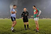 11 February 2012; Referee Marty Duffy, with Dublin captain Bryan Cullen, left, and Mayo captain Keith Higgins. Allianz Football League, Division 1, Round 2, Mayo v Dublin, McHale Park, Castlebar, Co. Mayo. Picture credit: David Maher / SPORTSFILE