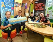 22 June 2017; Young Zach King, second right, age 6, from Ballincollig, Co. Cork is joined by, from left, Wexford hurler Diarmuid O’Keeffe, Laois footballer Colm Begley, former Carlow hurler Hugh Paddy O’Byrne, and Westmeath hurler Derek McNicholas, during the GPA and Childhood Cancer Foundation #Championsofcourage launch at Our Lady's Children's Hospital, in Crumlin, Dublin. Photo by Seb Daly/Sportsfile