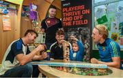 22 June 2017; Young Zach King, second right, age 6, from Ballincollig, Co. Cork, is joined by, from left, Laois footballer Colm Begley, Westmeath hurler Derek McNicholas, former Carlow hurler Hugh Paddy O’Byrne, and Wexford hurler Diarmuid O’Keeffe, during the GPA and Childhood Cancer Foundation #Championsofcourage launch at Our Lady's Children's Hospital, in Crumlin, Dublin. Photo by Seb Daly/Sportsfile