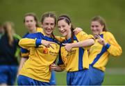 22 June 2017; Emma O'Donoghue, left, and Aoibhan Donnelly of Clare Schoolboys/Girls League celebrate after defeating Carlow & District Juveniles League during the Fota Island Resort FAI u16 Gaynor Cup at University of Limerick in Limerick. Photo by Diarmuid Greene/Sportsfile