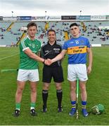 22 June 2017; Team captains Tom Morrissey, left, of Limerick and Andrew Coffey of Tipperary with referee Colm Lyons ahead of the Bord Gais Energy Munster GAA Under 21 Hurling Quarter-Final match between Limerick and Tipperary at the Gaelic Grounds in Limerick. Photo by Ramsey Cardy/Sportsfile