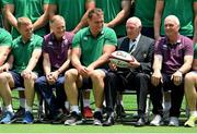 23 June 2017; Members of the Irish squad, from left, Keith Earls, head coach Joe Schmidt, captain Rhys Ruddock, IRFU President Stephen Hilditch and team manager Paul Dean prepare to have their squad photograph taken before their captain's run at the Ajinomoto Stadium in Tokyo, Japan. Photo by Brendan Moran/Sportsfile