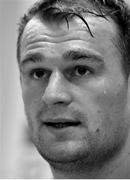 23 June 2017; (EDITOR'S NOTE; Image has been converted to Black and White) Sweat drips from the face of Ireland captain Rhys Ruddock during a press conference after their captain's run in the Ajinomoto Stadium in Tokyo, Japan. Photo by Brendan Moran/Sportsfile
