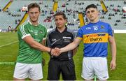 22 June 2017; Team captains Tom Morrissey of Limerick and Andrew Coffey of Tipperary with referee Colm Lyons ahead of the Bord Gais Energy Munster GAA Under 21 Hurling Quarter-Final match between Limerick and Tipperary at the Gaelic Grounds in Limerick. Photo by Ramsey Cardy/Sportsfile