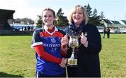 12 March 2017; WIT captain Aine Byrne is presented with the cup by Marie Hickey, President, LGFA, after the Lynch Cup Final match between Waterford Institute of Technology and Dublin Institute of Technology at St Patrick's Park in Westport, Co. Mayo. Photo by Brendan Moran/Sportsfile