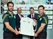 23 June 2017; Ireland players Andrew Balbirnie, left, and Ed Joyce, right, with Warren Deutrom, CEO, Cricket Ireland and Brendan Griffin T.D, Minister of State at the Department of Transport, Tourism and Sport following a press conference at the Irish Aviation Authority Offices in Dublin. Photo by Ramsey Cardy/Sportsfile