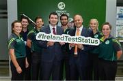 23 June 2017; Ireland players, from left, Lara Maritz, Sean Terry, Ed Joyce, Andrew Balbirnie, Gaby Lewis and Laura Delany with Brendan Griffin T.D, Minister of State at the Department of Transport, Tourism and Sport and Warren Deutrom, CEO, Cricket Ireland, following a press conference at the Irish Aviation Authority Offices in Dublin. Photo by Ramsey Cardy/Sportsfile