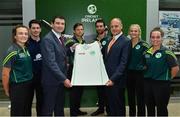 23 June 2017; Ireland players, from left, Lara Maritz, Sean Terry, Ed Joyce, Andrew Balbirnie, Gaby Lewis and Laura Delany with Brendan Griffin T.D, Minister of State at the Department of Transport, Tourism and Sport and Warren Deutrom, CEO, Cricket Ireland, following a press conference at the Irish Aviation Authority Offices in Dublin. Photo by Ramsey Cardy/Sportsfile