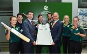 23 June 2017; Ireland players, from left, Lara Maritz, Sean Terry, Ed Joyce, Andrew Balbirnie, Gaby Lewis and Laura Delany with Brendan Griffin T.D, Minister of State at the Department of Transport, Tourism and Sport and Warren Deutrom, CEO, Cricket Ireland, following a press conference at the Irish Aviation Authority Offices in Dublin. Photo by Ramsey Cardy/Sportsfile
