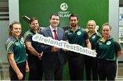 23 June 2017; Ireland players, from left, Lara Maritz, Ed Joyce, Andrew Balbirnie, Gaby Lewis and Laura Delany with Brendan Griffin T.D, Minister of State at the Department of Transport, Tourism and Sport following a press conference at the Irish Aviation Authority Offices in Dublin. Photo by Ramsey Cardy/Sportsfile