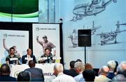 23 June 2017; Ireland cricket players Andrew Balbirnie, left, and Ed Joyce, right, with Warren Deutrom, CEO, Cricket Ireland during a press conference at the Irish Aviation Authority Offices in Dublin. Photo by Ramsey Cardy/Sportsfile