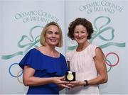 23 June 2017; Sonia O’Sullivan, right, receives the Outstanding Contribution to Olympic Movement in Ireland award from President of the Olympic Council of Ireland Sarah Keane at the inaugural Olympic Council of Ireland Awards held in the Dean Hotel in Dublin. Photo by Matt Browne/Sportsfile