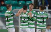 23 June 2017; James Doona of Shamrock Rovers, second from left, celebrates scoring his side's third goal with team-mates, from left, Simon Madden, Ronan Finn and Luke Byrne during the SSE Airtricity League Premier Division match between Shamrock Rovers and Drogheda United at Tallaght Stadium in Tallaght, Co Dublin. Photo by Piaras Ó Mídheach/Sportsfile