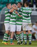 23 June 2017; James Doona of Shamrock Rovers, second from left, celebrates scoring his side's third goal with team-mates, from left, Simon Madden, Ronan Finn and Luke Byrne during the SSE Airtricity League Premier Division match between Shamrock Rovers and Drogheda United at Tallaght Stadium in Tallaght, Co Dublin. Photo by Piaras Ó Mídheach/Sportsfile