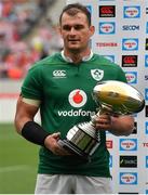24 June 2017; Ireland captain Rhys Ruddock of Ireland with the trophy after the international rugby match between Japan and Ireland in the Ajinomoto Stadium in Tokyo, Japan. Photo by Brendan Moran/Sportsfile