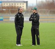 12 February 2012; Donegal manager Jim McGuinness speaks to his injured Captain Michael Murphy before the game. Allianz Football League, Division 1, Round 2, Donegal v Laois, O'Donnell Park, Letterkenny, Co. Donegal. Picture credit: Oliver McVeigh / SPORTSFILE