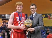 9 February 2012; Shane Whelan, Basketball Ireland Communications Manager, presents Peter Cooke, St. Josephs “Bish”, Galway, with the player of the match award. All-Ireland Schools Cup U16A Boys Final, St. Josephs “Bish”, Galway v Douglas Community School, Cork, National Basketball Arena, Tallaght, Dublin. Picture credit: Brian Lawless / SPORTSFILE