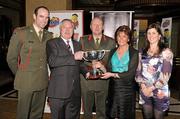 14 February 2012; In attendance at the launch of the Tayto Longford Arms Comótas Peile Páidi O’Sé 2012 are, from left, Kildare footballer Dermot Earley, Páidi O’Sé, Defence Forces Chief of Staff Lt General Seán McCann, Mary Earley, wife of Dermot Earley senior and Paula Earley, daughter of Dermot Earley senior. The invitational GAA tournament, which will take place from 24-26 February 2012 across the Dingle Peninsula, will see 26 senior, intermediate and junior GAA club teams competing from 15 counties and greater London area. This year, the men's senior cup will be renamed in memory of former Defence Forces Chief of Staff Dermot Earley. For full details check out www.paidiose.com. Launch of the Tayto Longford Arms Comótas Peile Páidi O’Sé 2012, D4 Berkeley Hotel, Dublin. Photo by Sportsfile