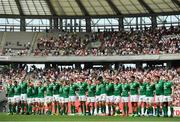 24 June 2017; The Ireland team line up for the anthems before the international rugby match between Japan and Ireland in the Ajinomoto Stadium in Tokyo, Japan. Photo by Brendan Moran/Sportsfile