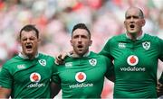 24 June 2017; Ireland captain Rhys Ruddock, left, and team-mates Jack Conan and Devin Toner during the national anthem before the international rugby match between Japan and Ireland in the Ajinomoto Stadium in Tokyo, Japan. Photo by Brendan Moran/Sportsfile